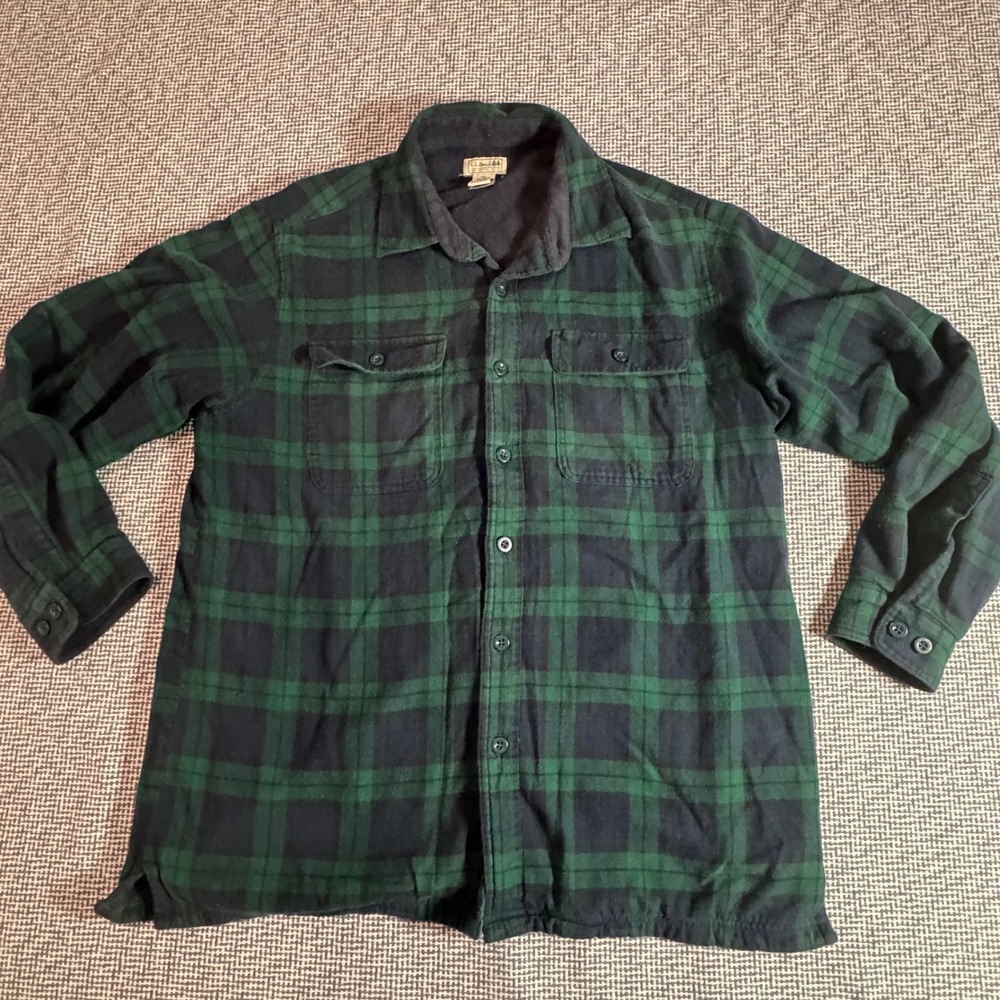 LL Bean Mens Fleece Lined Flannel Shirt Jacket Green Black Plaid Large Vintage
